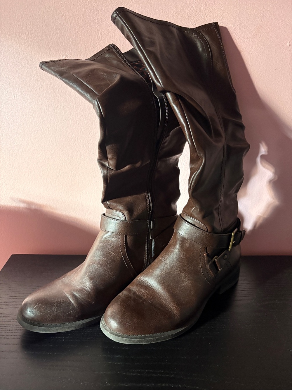 Women's Brown Mid-Calf Leather Buckle Boots